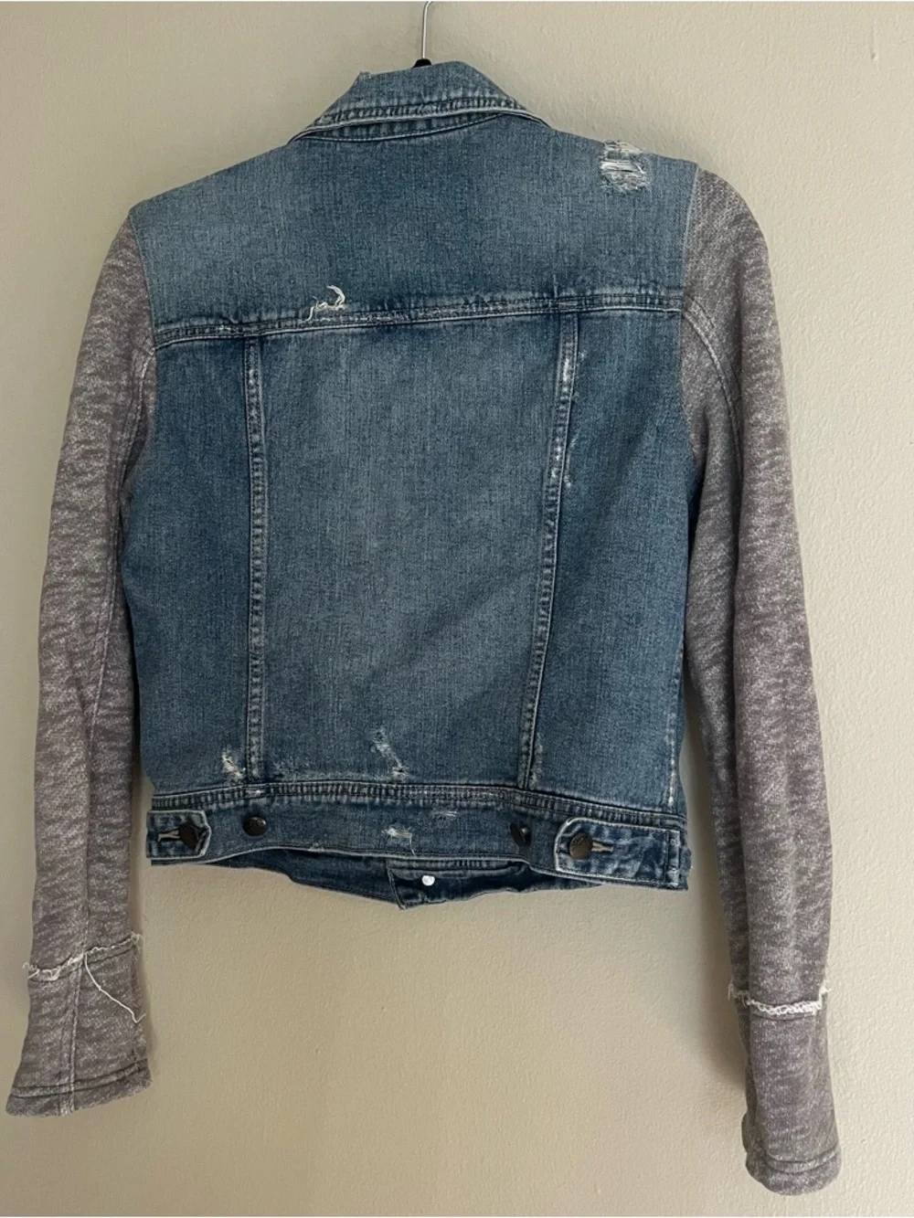 Free People Blue Denim Jacket with Gray Knit Sleeves S - Picture 3 of 3